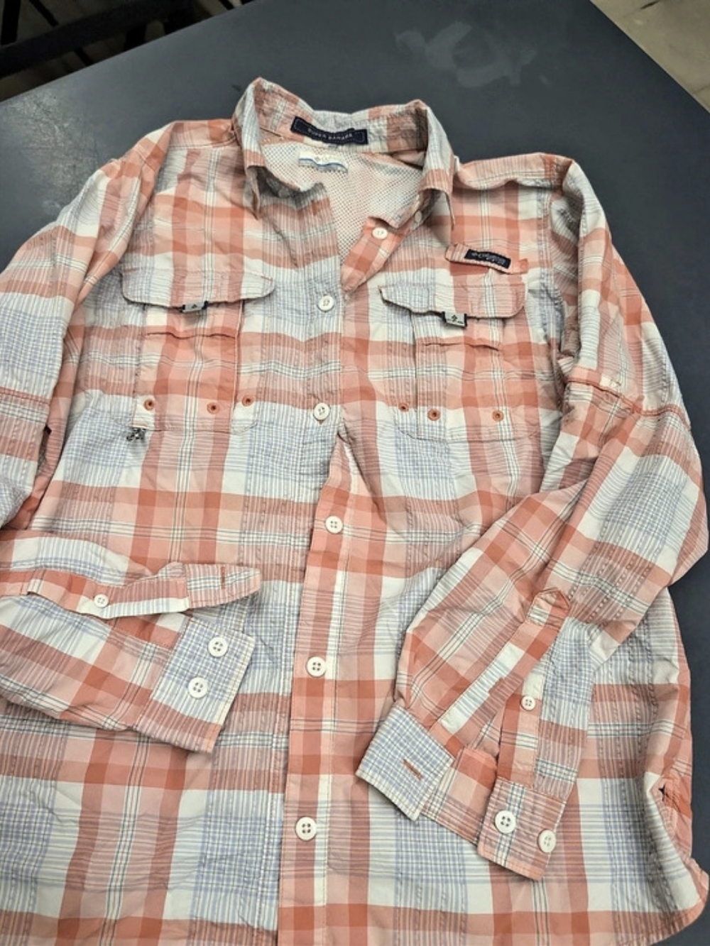 Columbia Super Bahama Long Sleeve Shirt Plaid Shirt Orange & Blue Medium